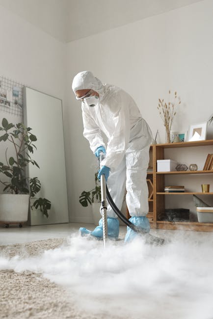 A person dressed in full protective white coveralls, a face mask, and blue gloves is using a professional cleaning tool to perform steam or deep cleaning on a beige carpet in a well-lit living room. The room features a light wooden floor, a large potted plant with broad green leaves, and a wooden shelving unit. Freshly removing cleaning solution or steam mist creates a visible white cloud on the carpet surface. Natural light fills the space from a nearby window, highlighting the cleanliness and hygiene focus of the cleaning process. This scene showcases surface cleaning and sanitisation practices typical of a domestic cleaning session, emphasized by the presence of cleaning equipment and the pristine condition of the carpet, delivered by Harrow Carpet Cleaning.